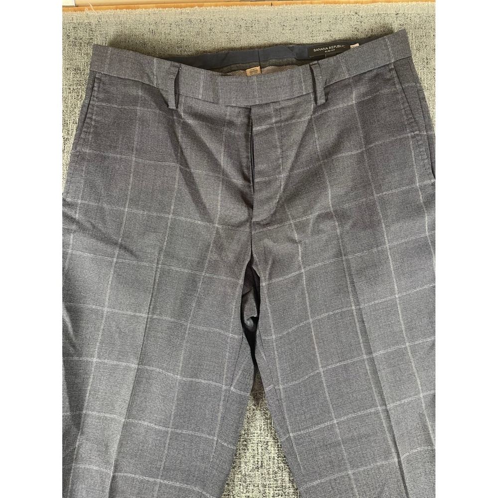 Banana Republic Mens 32x34 Slim Fit Grey Windowpane Plaid Dress Pants Trousers - Picture 2 of 8